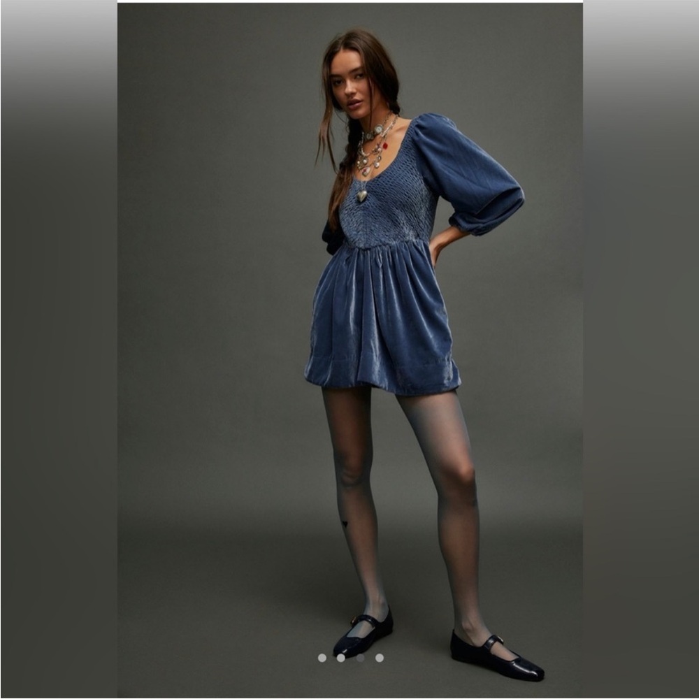 NWT Free People Farrier Harbour Blue Velvet Smocked Puff Sleeve Dress - Picture 3 of 7